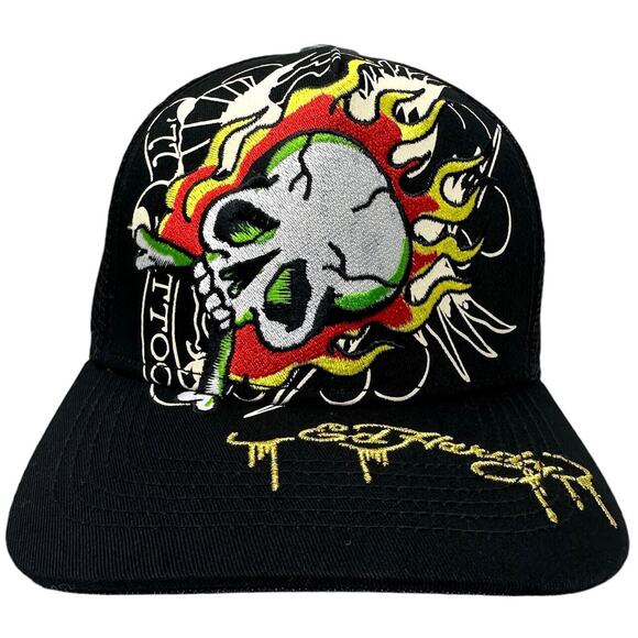 Ed Hardy Trucker Hat Embroidered Tattoo Fire Skull Black Mesh Snapback Cap